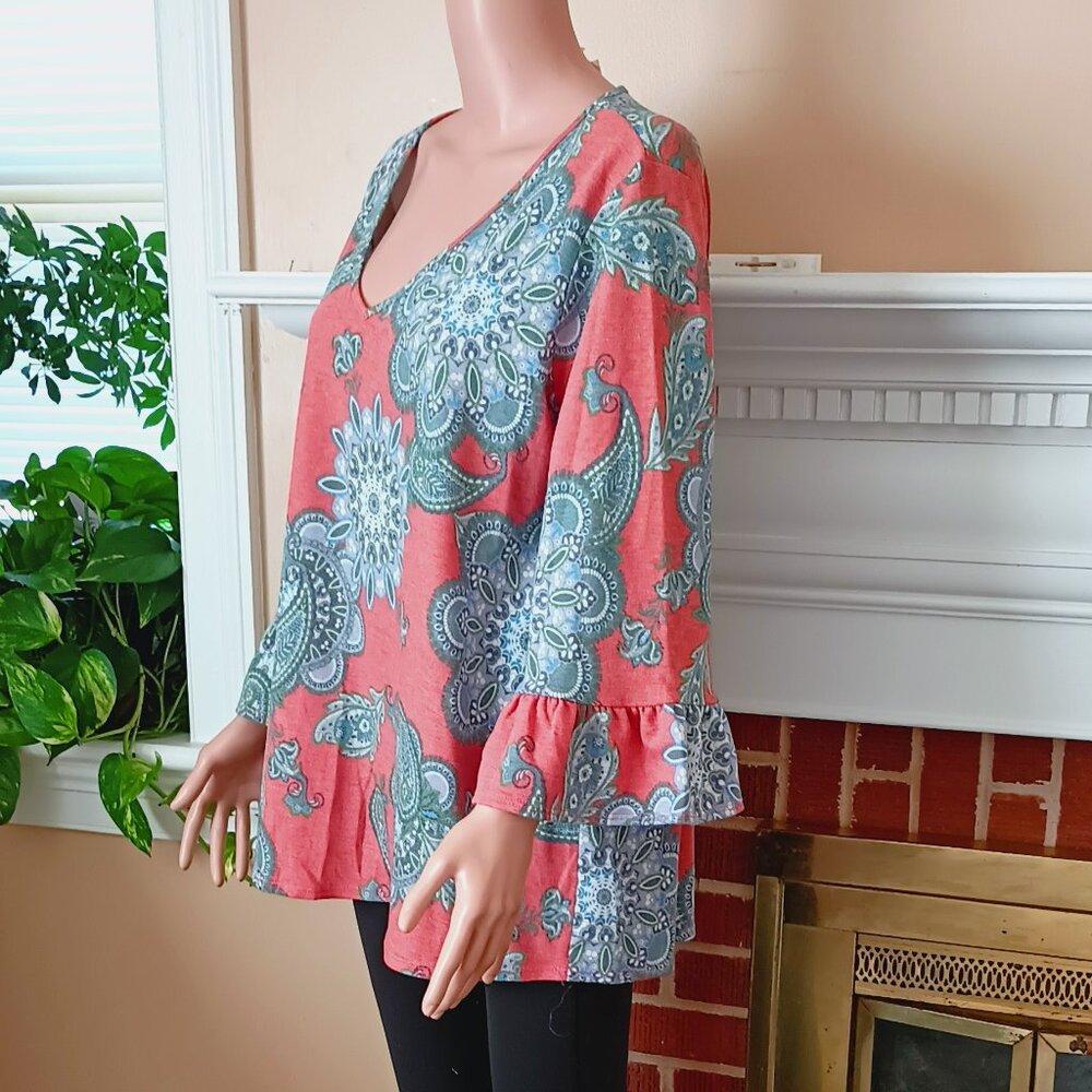 Women's Paisley V-Neck Tunic L Pink & Blue 3/4 Bell Sleeve Top Stretch
